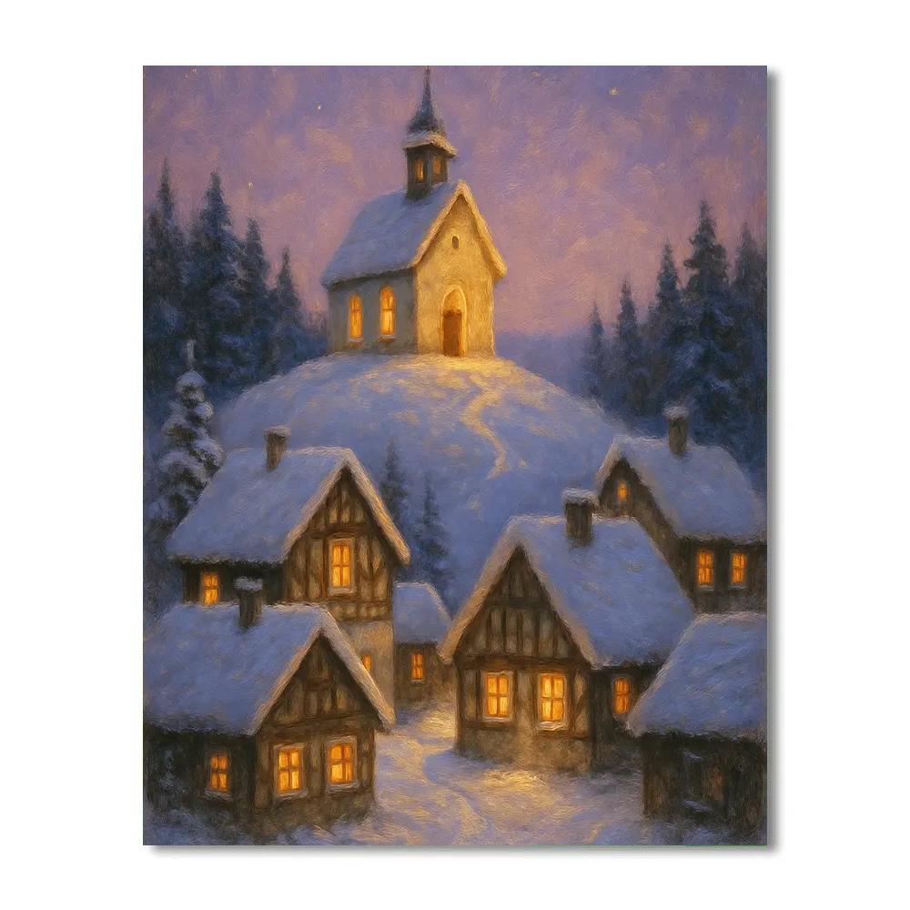 Silent Snowfall Over Alpine Chapel Village Numbered painting kits