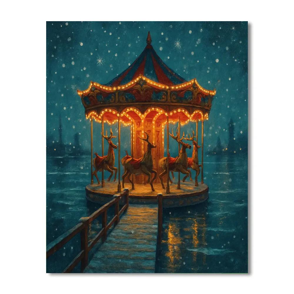 Snowy Reindeer Carousel On The Pier Numbered painting kits