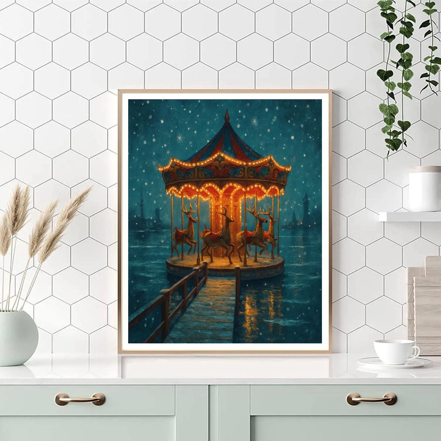 Snowy Reindeer Carousel On The Pier Numbered painting kits