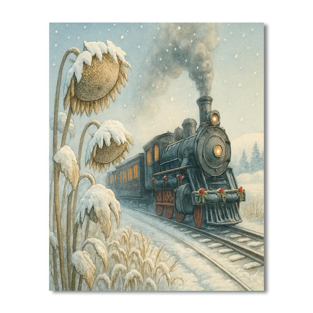 Christmas Train Among Frosted Sunflowers Paint by numbers kits
