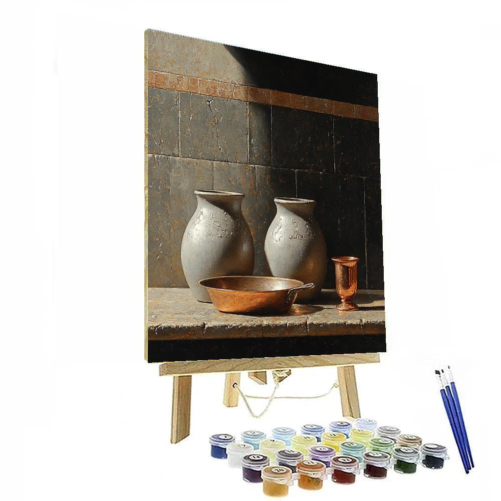 Diego Velázquez Inspired Silvery Bodegon Of Earthenware Jars And Copper Pan paint by number