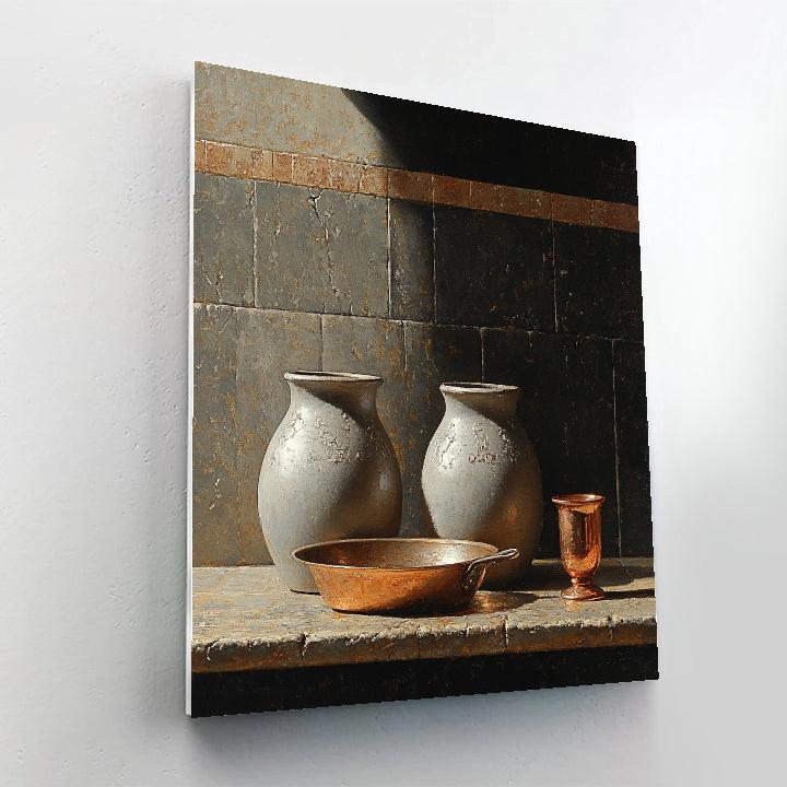 Diego Velázquez Inspired Silvery Bodegon Of Earthenware Jars And Copper Pan paint by number