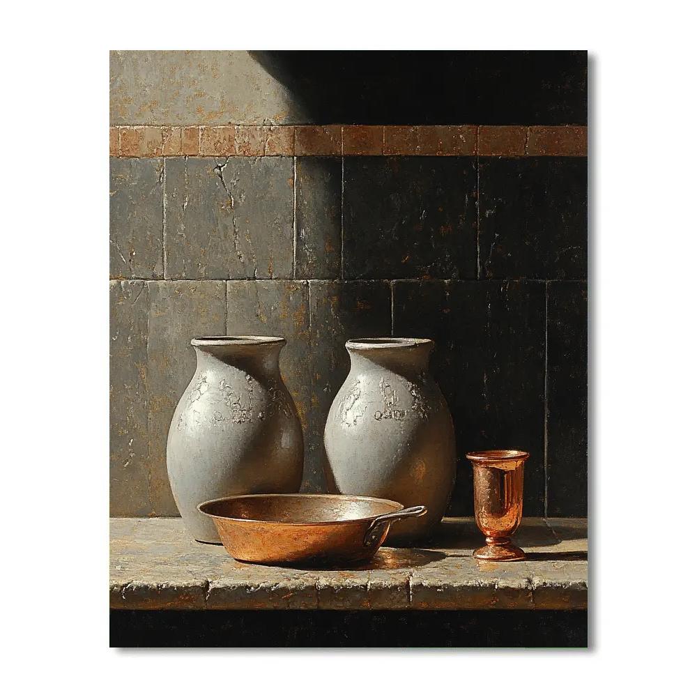 Diego Velázquez Inspired Silvery Bodegon Of Earthenware Jars And Copper Pan paint by number