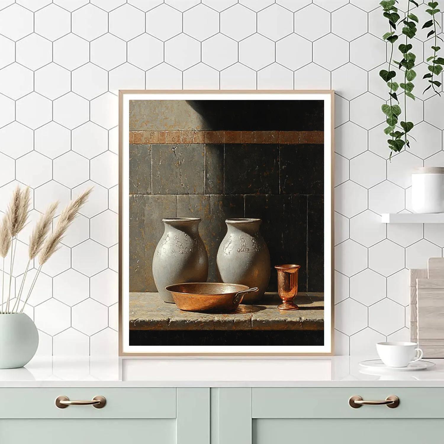 Diego Velázquez Inspired Silvery Bodegon Of Earthenware Jars And Copper Pan paint by number