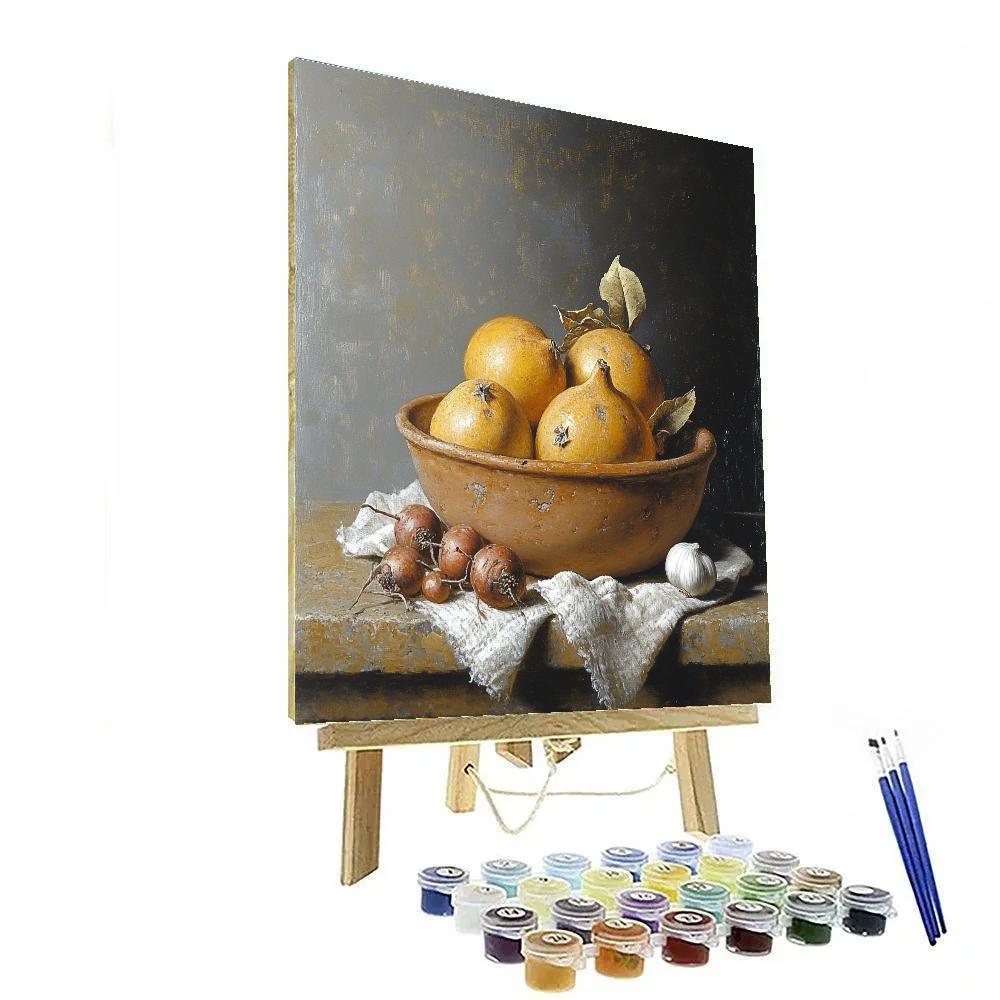 Diego Velázquez Inspired Market Still Life Of Quince And Root Vegetables In Clay Bowl paint by color