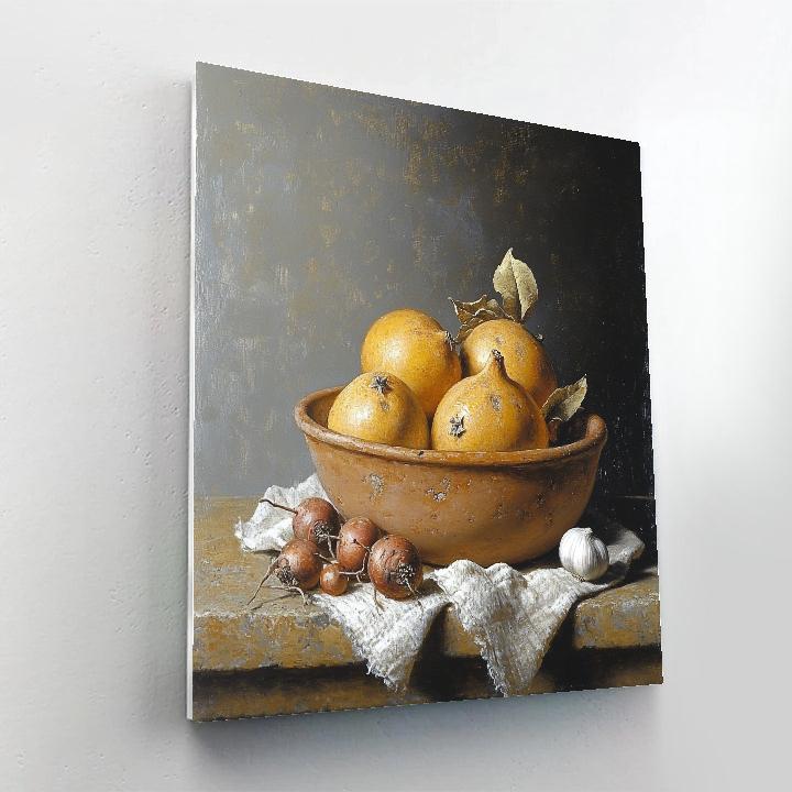 Diego Velázquez Inspired Market Still Life Of Quince And Root Vegetables In Clay Bowl paint by color