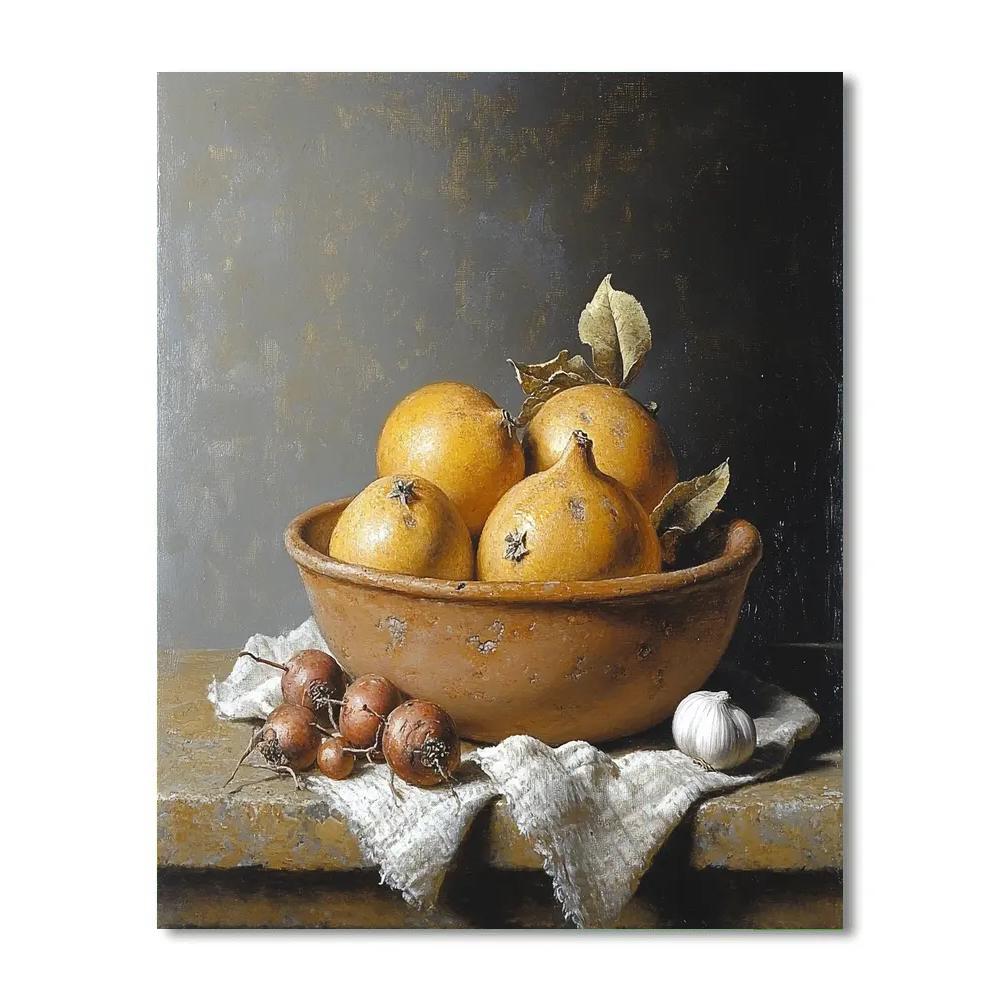 Diego Velázquez Inspired Market Still Life Of Quince And Root Vegetables In Clay Bowl paint by color