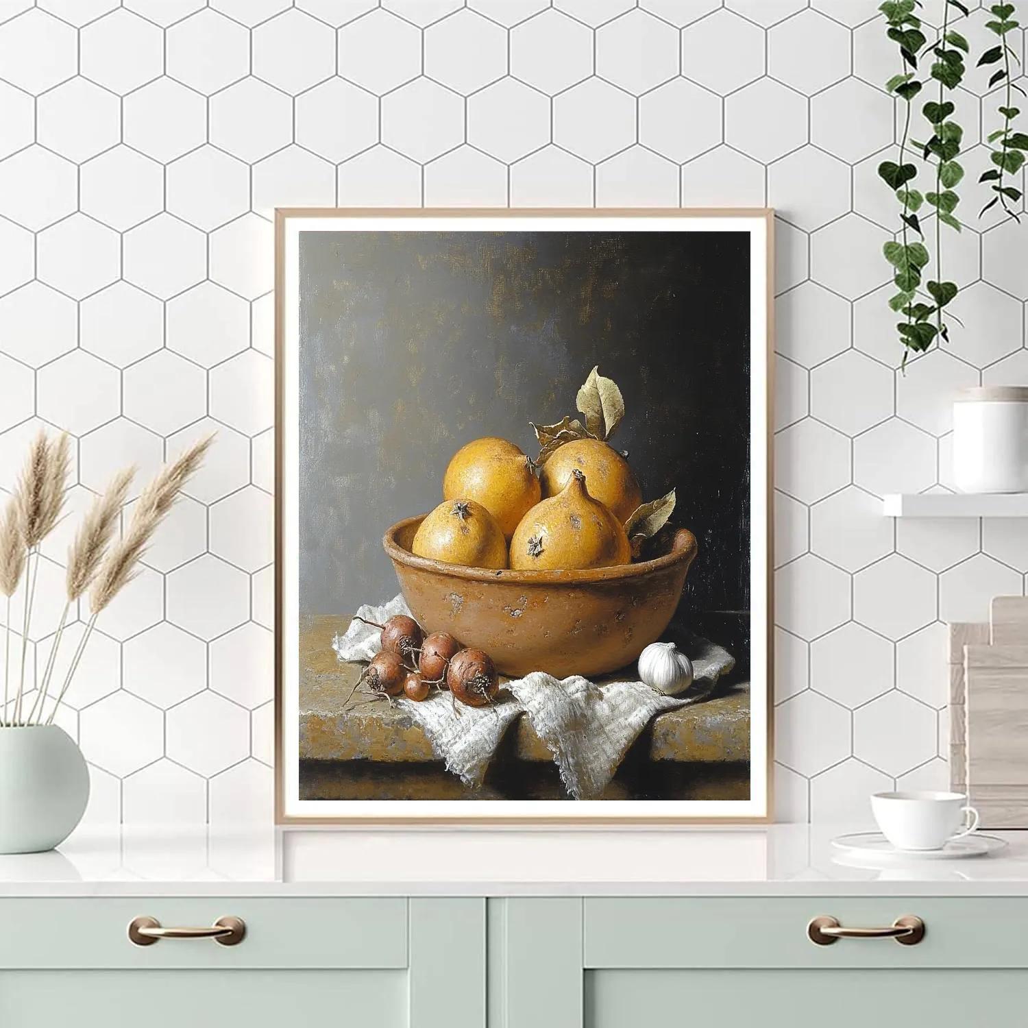 Diego Velázquez Inspired Market Still Life Of Quince And Root Vegetables In Clay Bowl paint by color