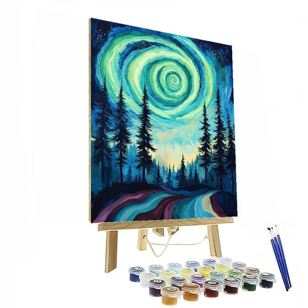 Edvard Munch Inspired Aurora Vortex Above Silent Pines paint by number