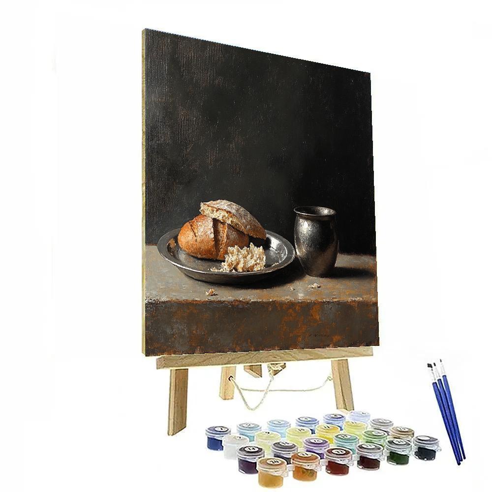 Diego Velázquez Inspired Pewter Plate With Bread And Dark Olive Oil Vessel painting number kit
