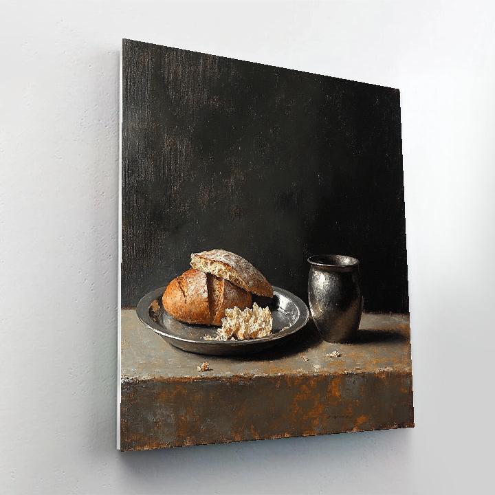 Diego Velázquez Inspired Pewter Plate With Bread And Dark Olive Oil Vessel painting number kit