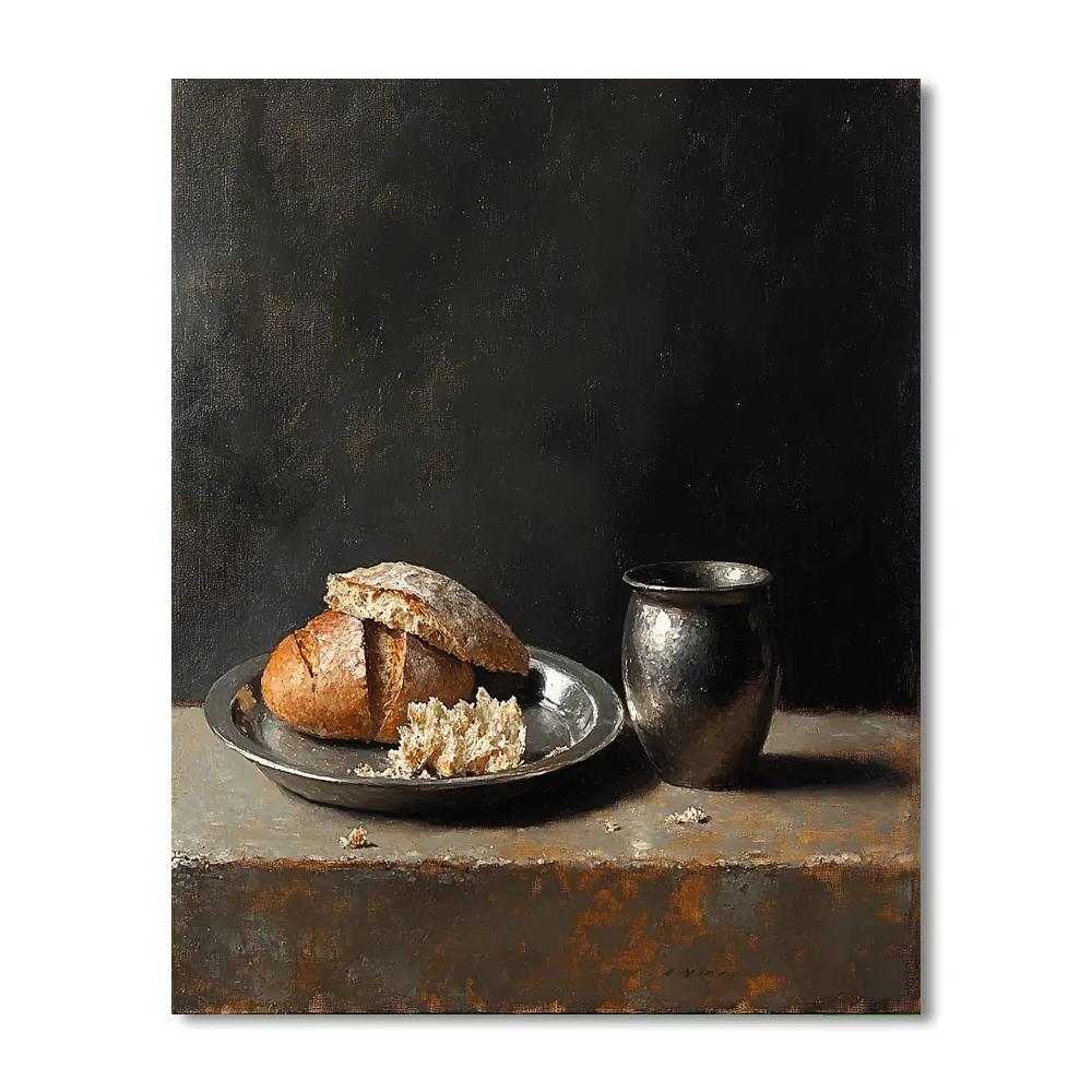 Diego Velázquez Inspired Pewter Plate With Bread And Dark Olive Oil Vessel painting number kit