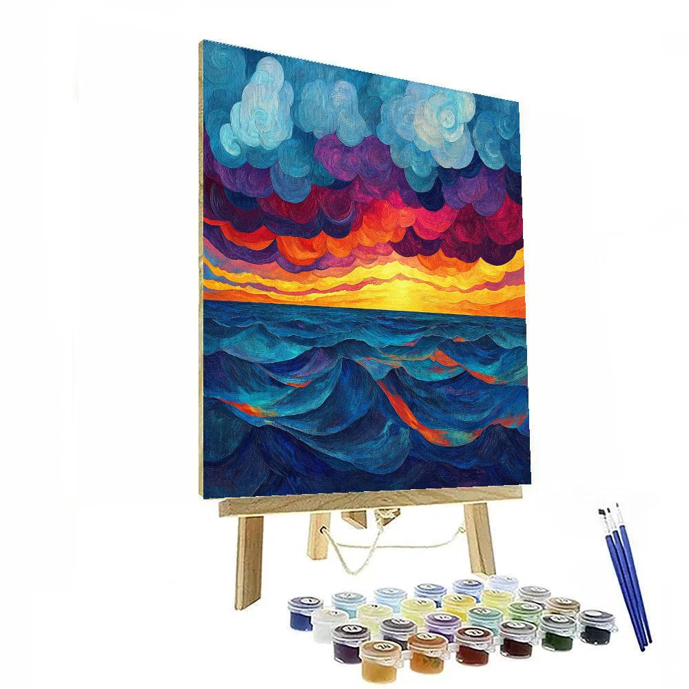 Edvard Munch Inspired Blood Red Stormfront Over Glassy Sea paint by numbers