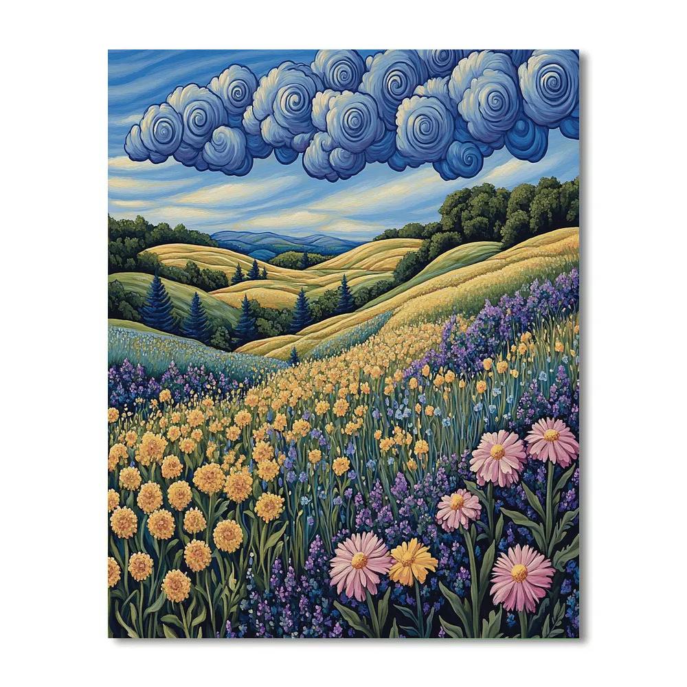 J. E. H. MacDonald Inspired Wildflower Meadow Under Spiral Clouds painting number kit
