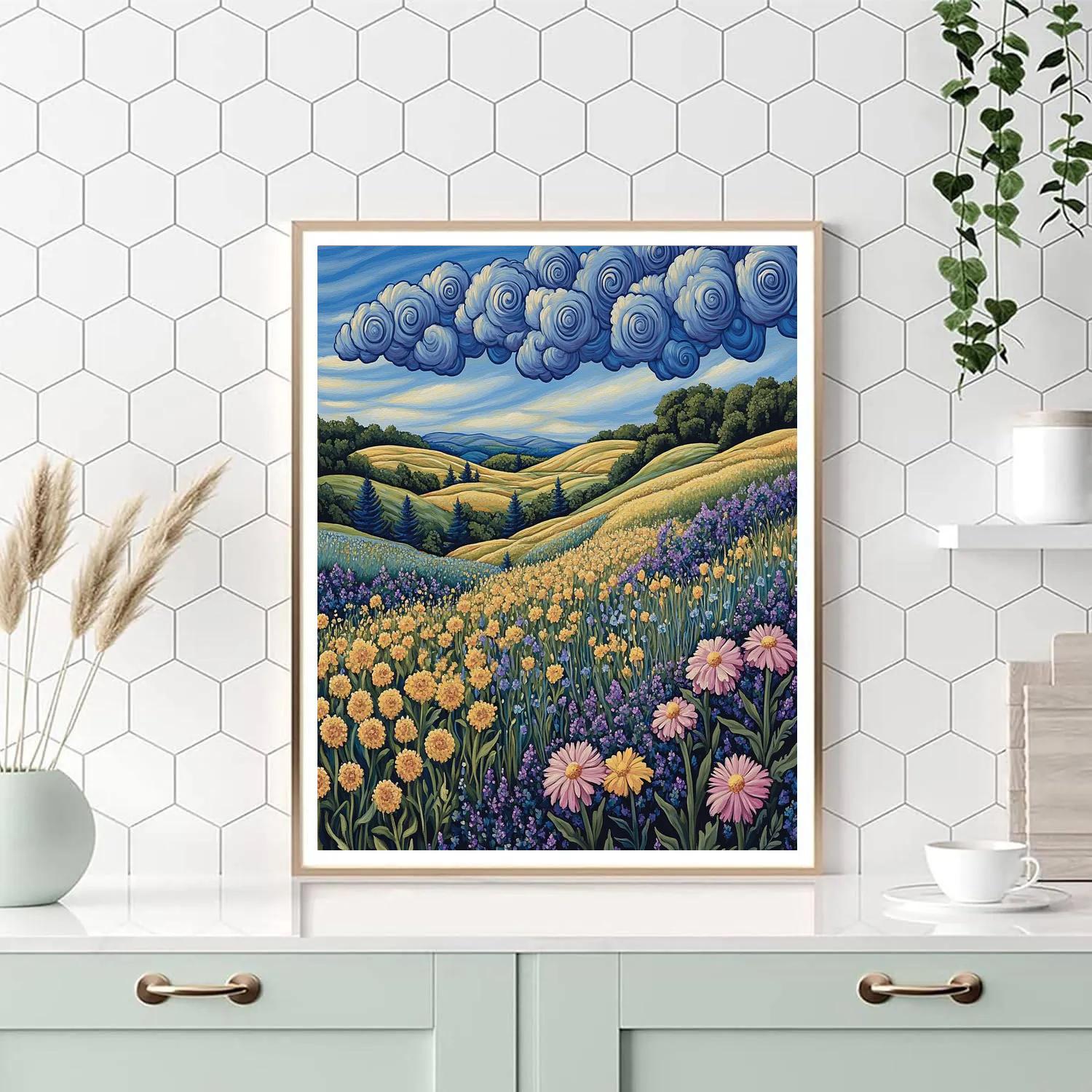 J. E. H. MacDonald Inspired Wildflower Meadow Under Spiral Clouds painting number kit