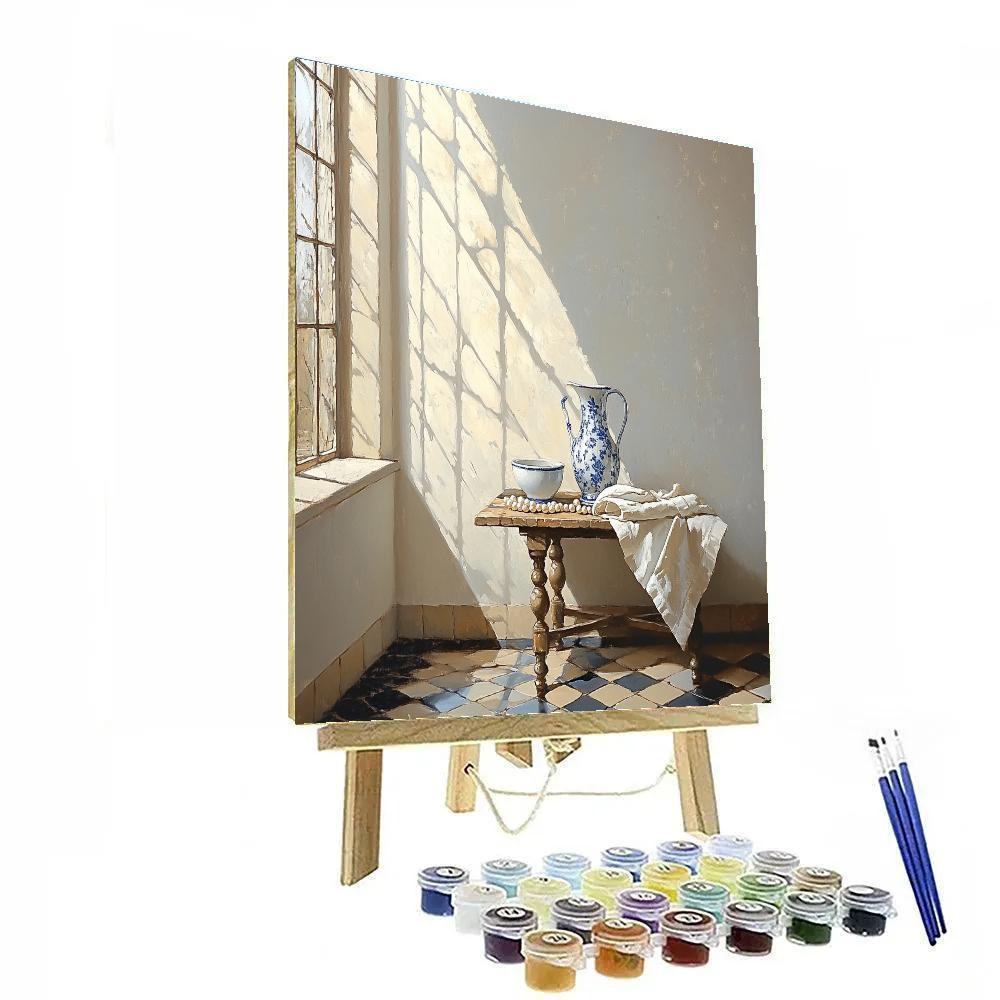 Johannes Vermeer Inspired Sunbeam Over Delft Tile And Pearls painting number kit