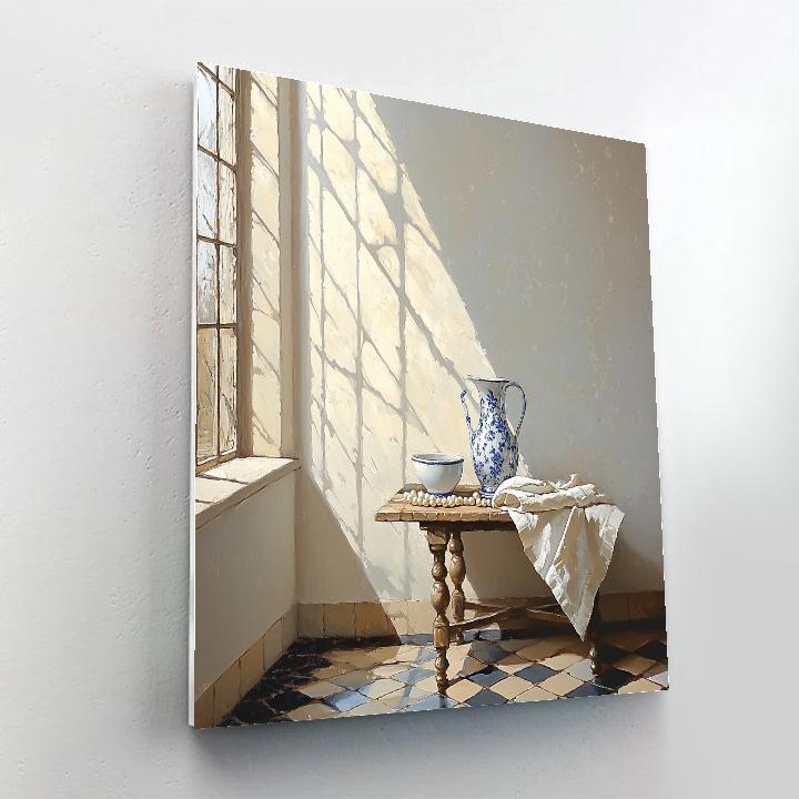 Johannes Vermeer Inspired Sunbeam Over Delft Tile And Pearls painting number kit