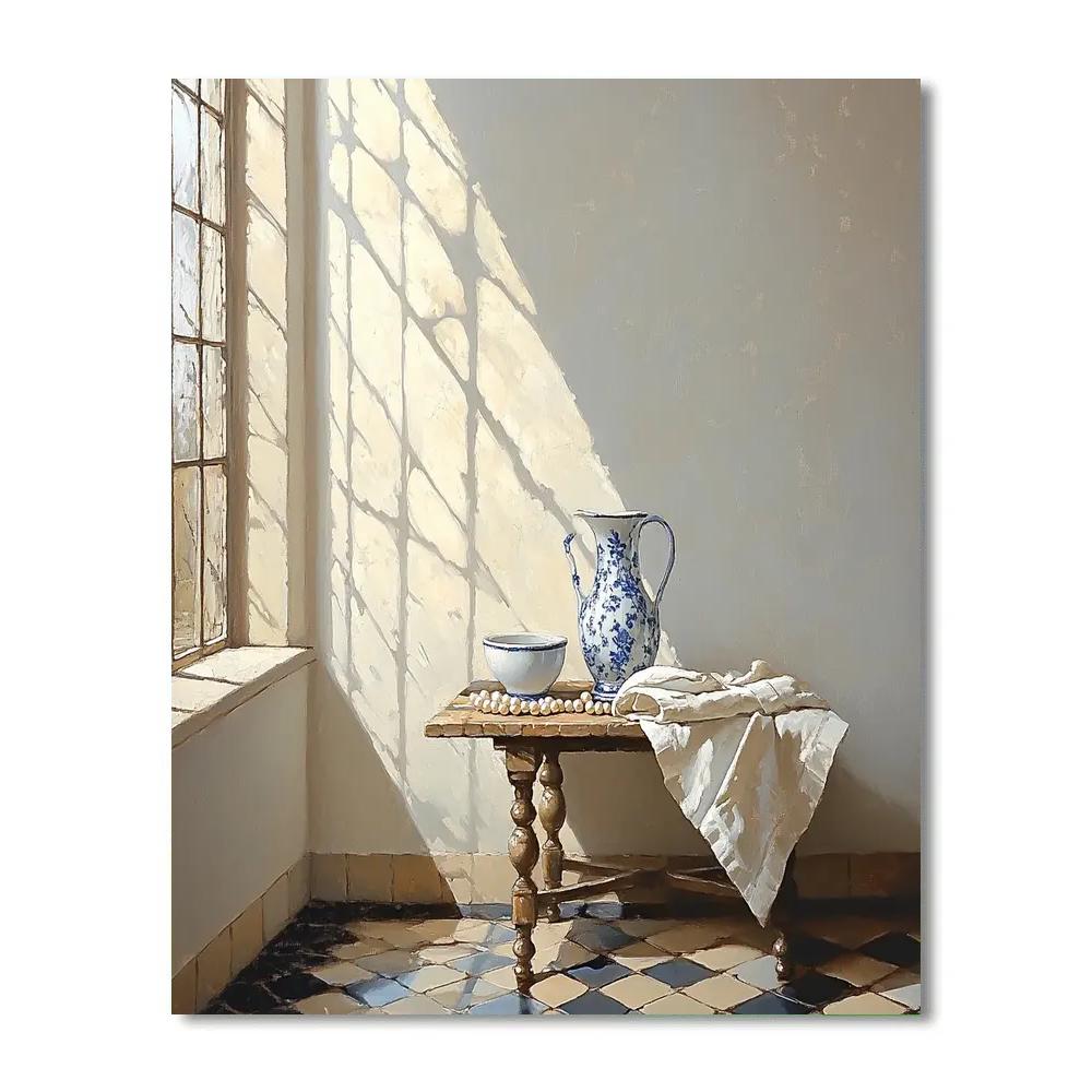 Johannes Vermeer Inspired Sunbeam Over Delft Tile And Pearls painting number kit