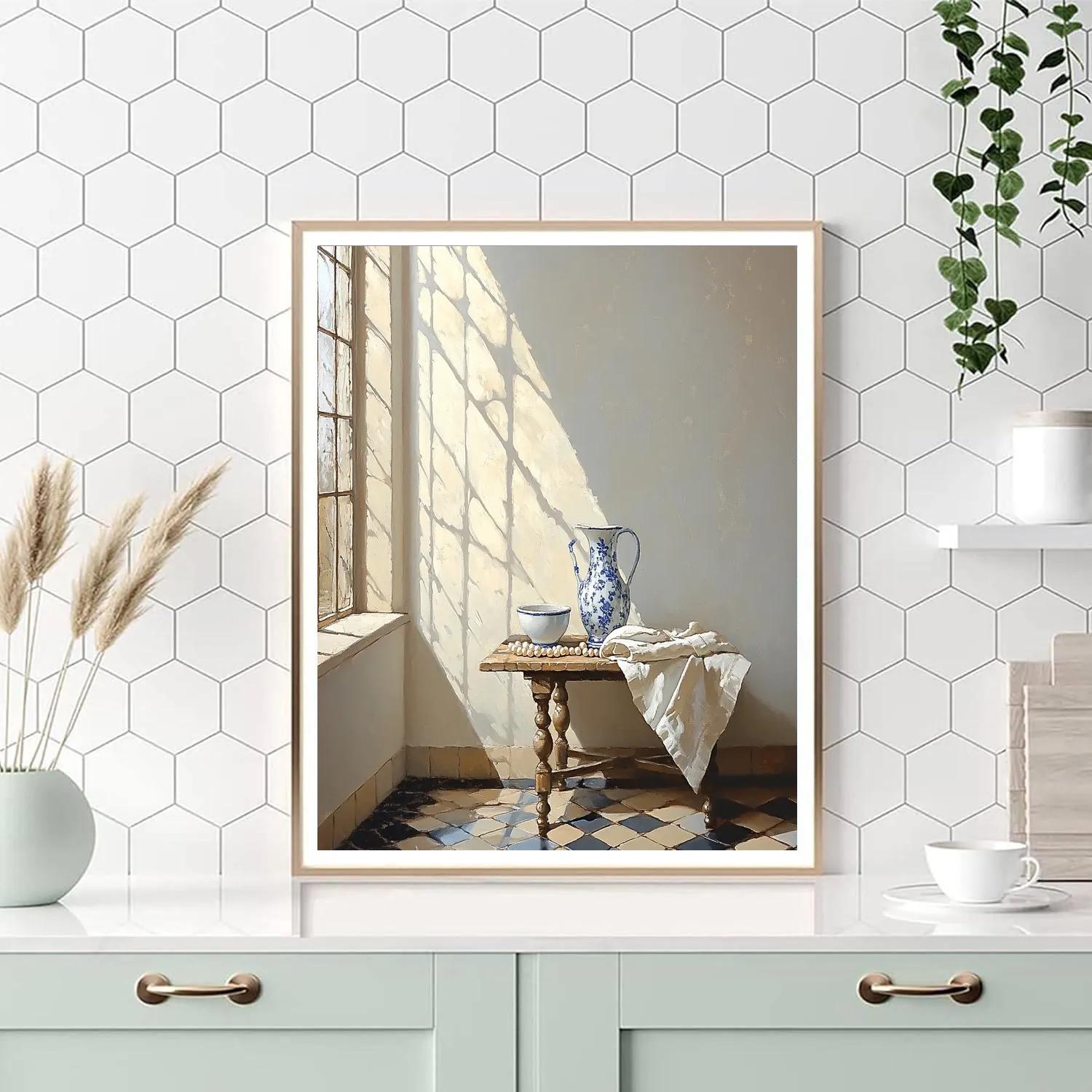 Johannes Vermeer Inspired Sunbeam Over Delft Tile And Pearls painting number kit
