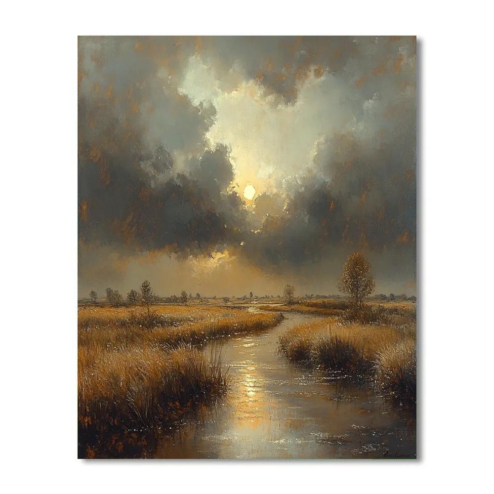Rembrandt Inspired Eclipse Lit Marshland With Silvered Canal paint by color