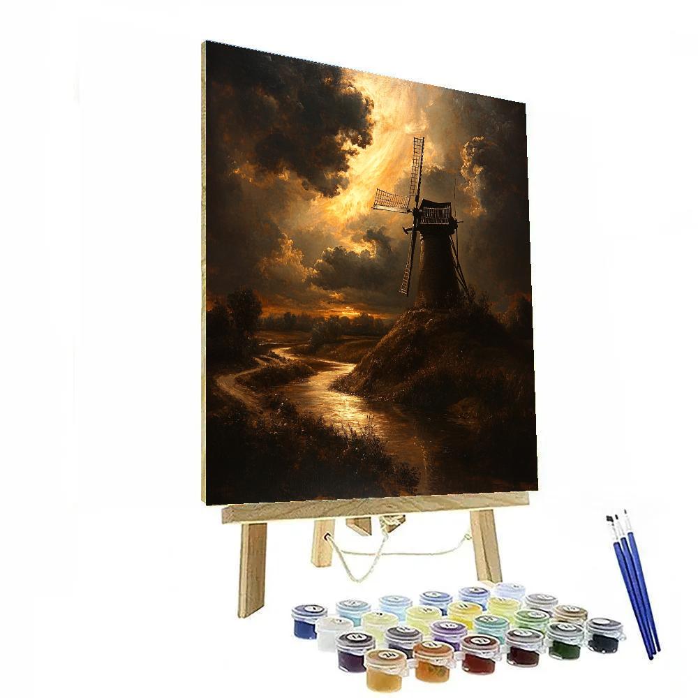 Rembrandt Inspired Aurora Like Storm Break Above Windmill Silhouette paint by color