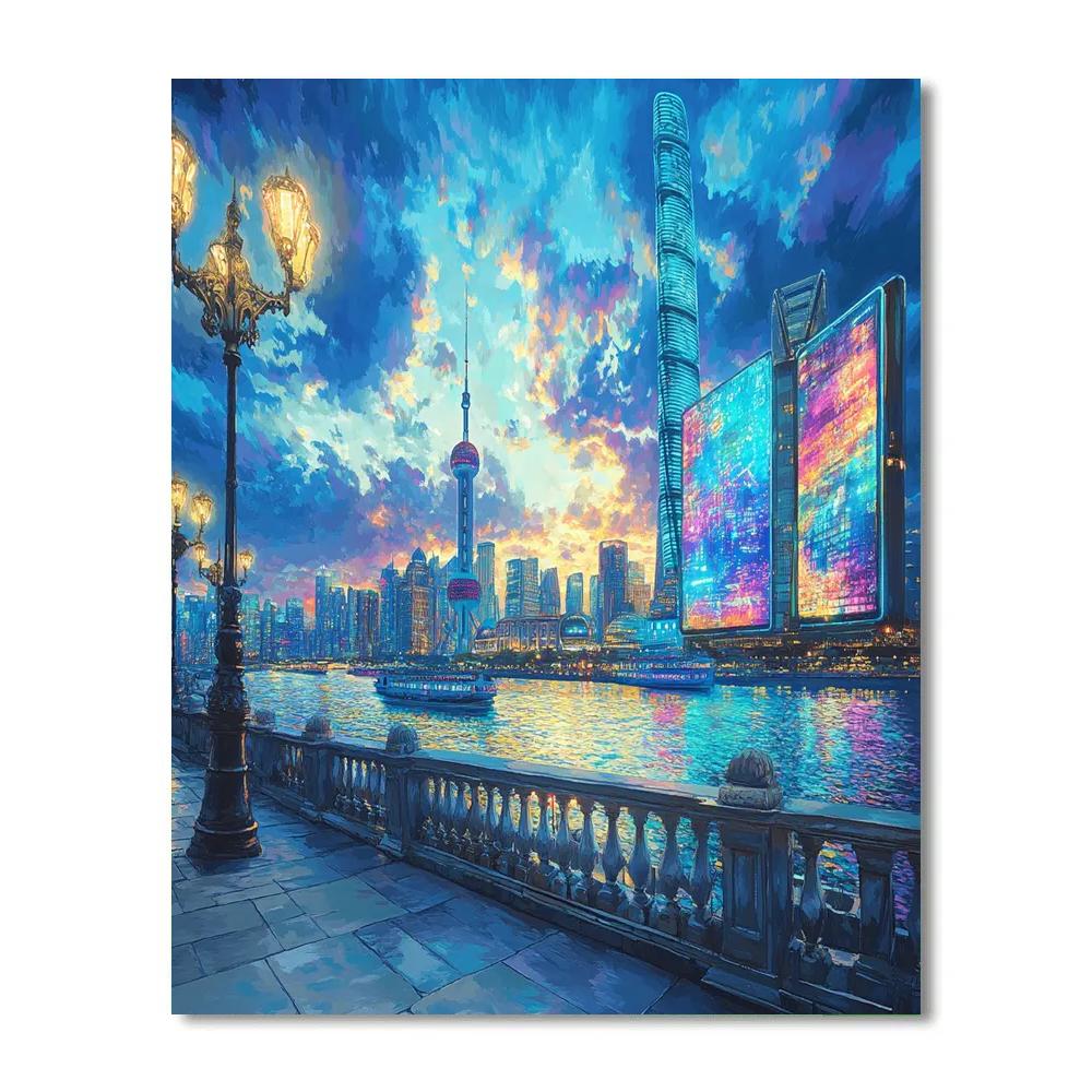 Skyline From Bund Riverside Promenade Shanghai China painting number kit