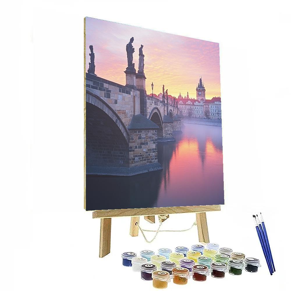 Old Stone Bridge Over Vltava From Riverbank Prague Czech Republic Paint by numbers art