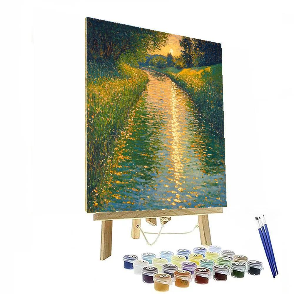 Claude Monet Inspired Sunlit Canal Green Gold Shimmer Number painting
