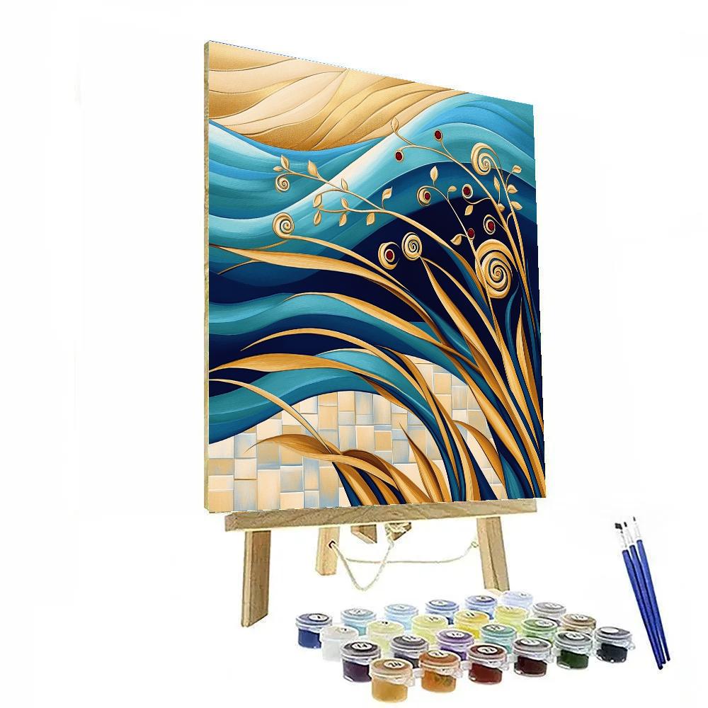 Gustav Klimt Inspired Golden Seagrass Wave Tapestry paint by number