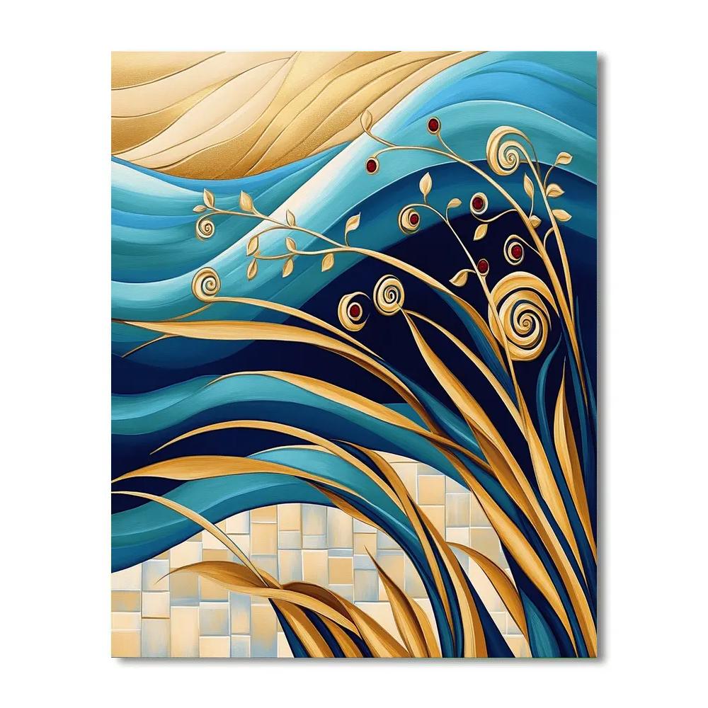 Gustav Klimt Inspired Golden Seagrass Wave Tapestry paint by number