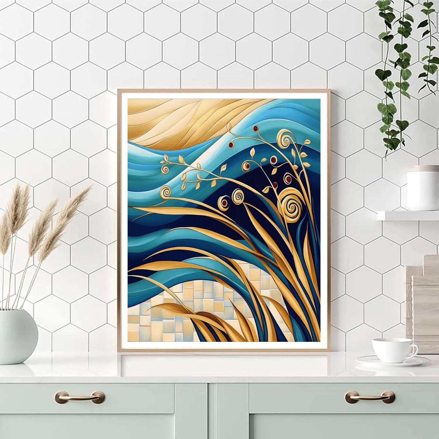 Gustav Klimt Inspired Golden Seagrass Wave Tapestry paint by number