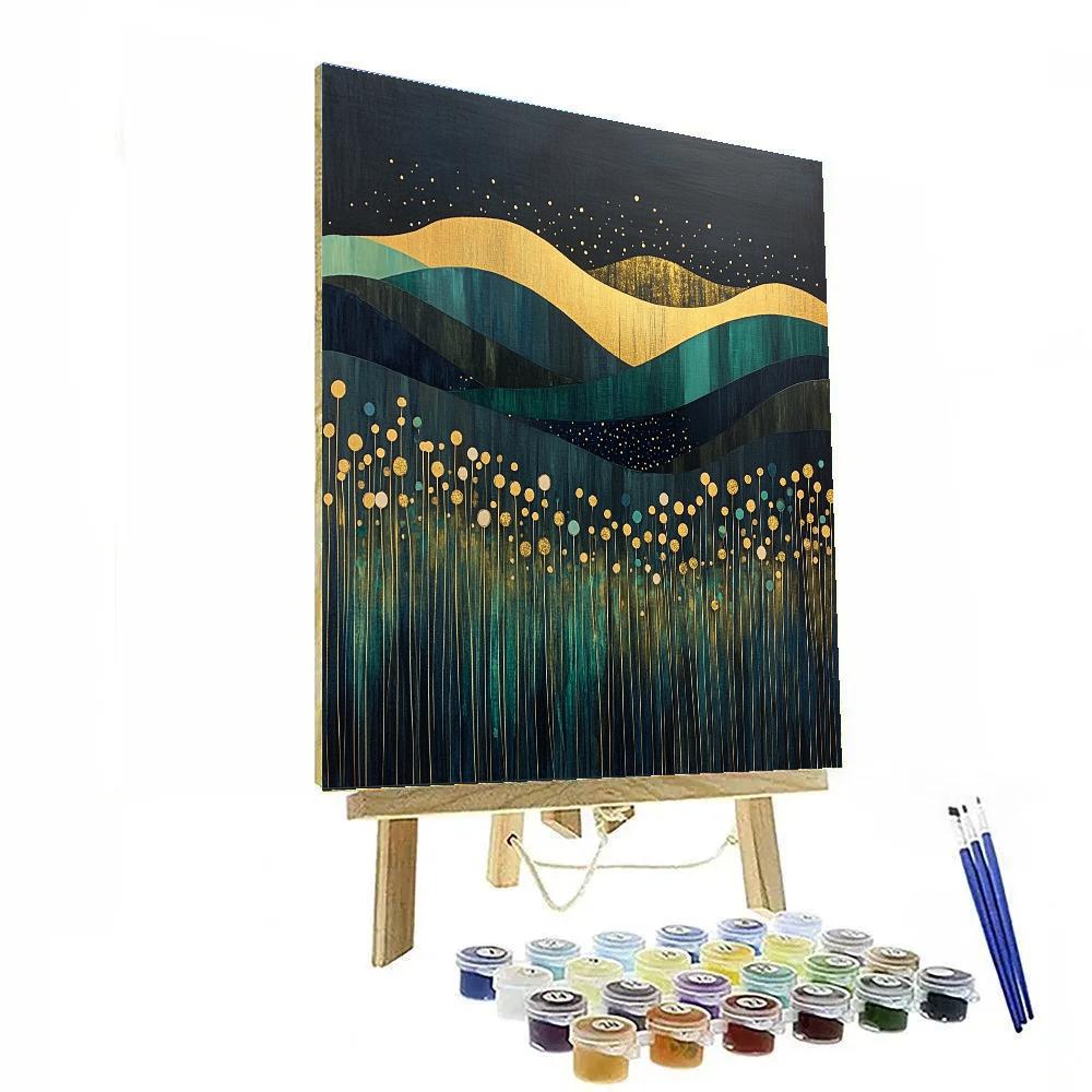 Gustav Klimt Inspired Charcoal And Gold Night Meadow painting number kit