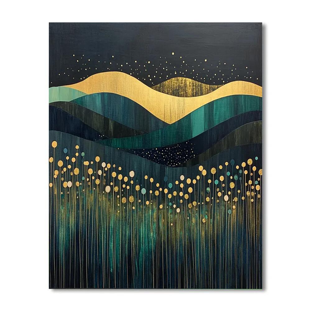 Gustav Klimt Inspired Charcoal And Gold Night Meadow painting number kit