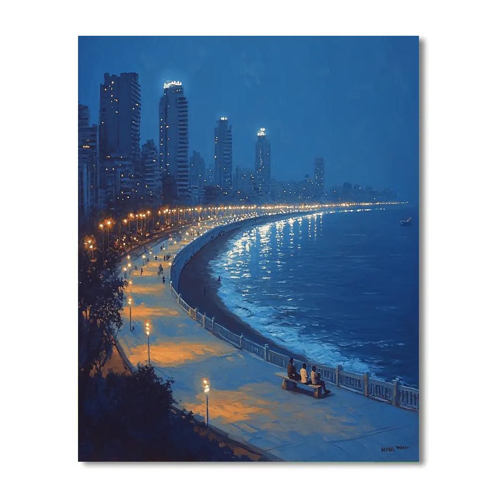 Marine Drive Queens Necklace Mumbai India paint by color