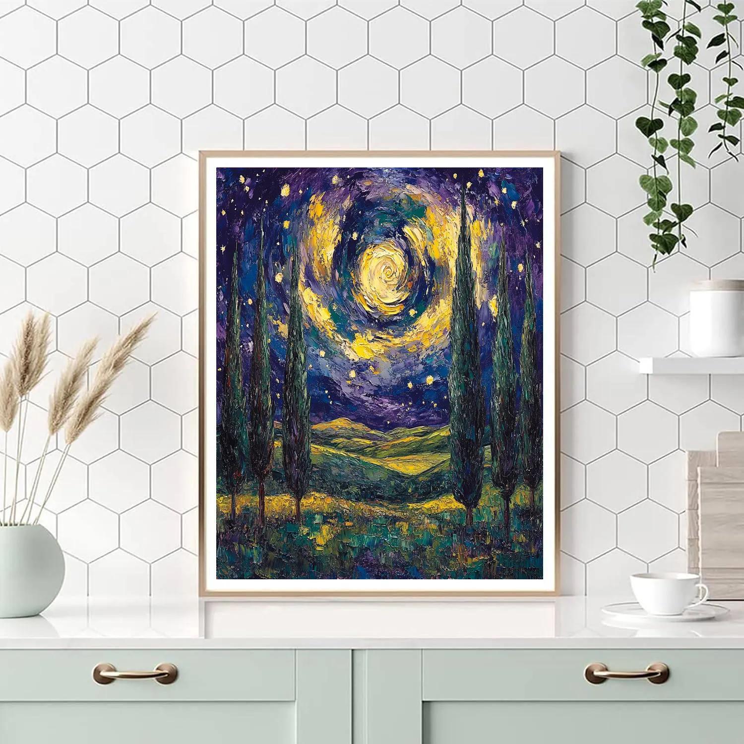 Van Gogh Inspired Moonlit Cypress paint by number
