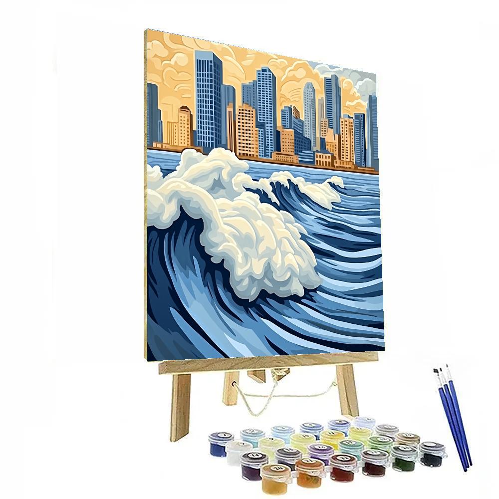 Hokusai Inspired Great Wave Over City painting number kit