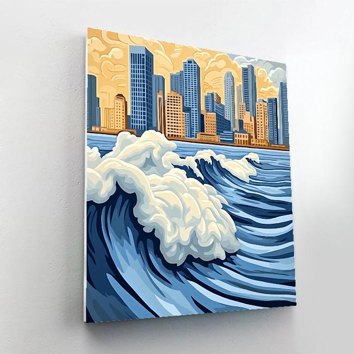 Hokusai Inspired Great Wave Over City painting number kit