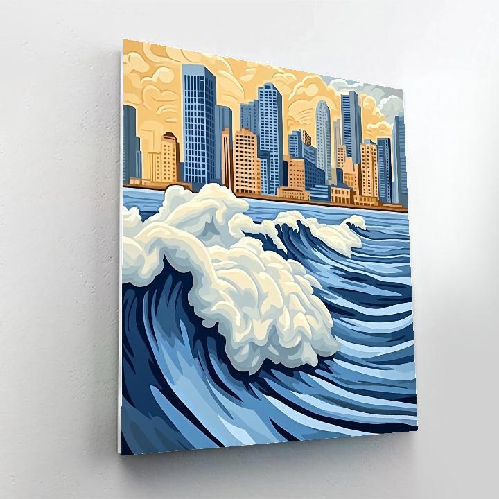Hokusai Inspired Great Wave Over City painting number kit