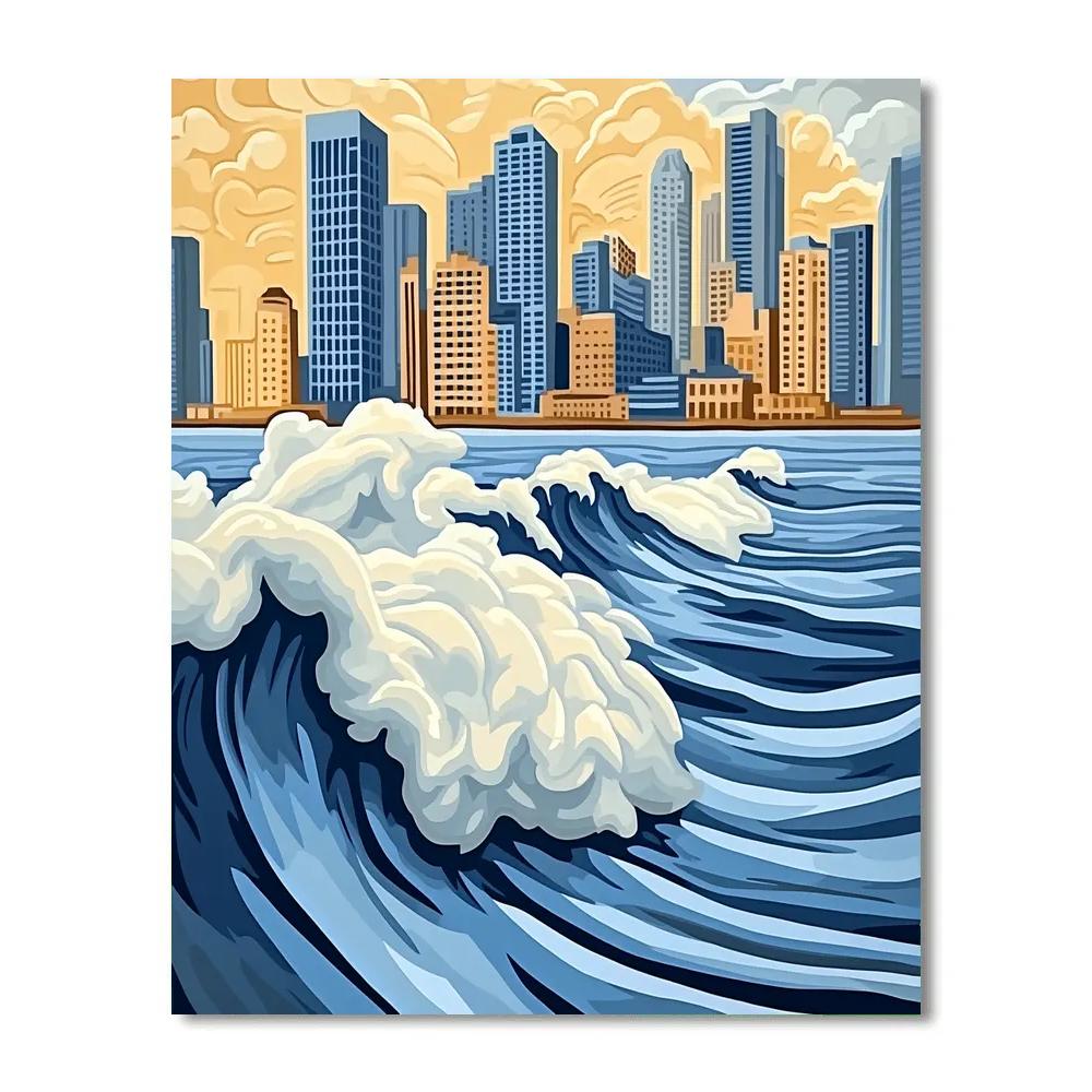 Hokusai Inspired Great Wave Over City painting number kit