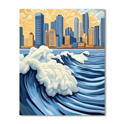 Hokusai Inspired Great Wave Over City painting number kit