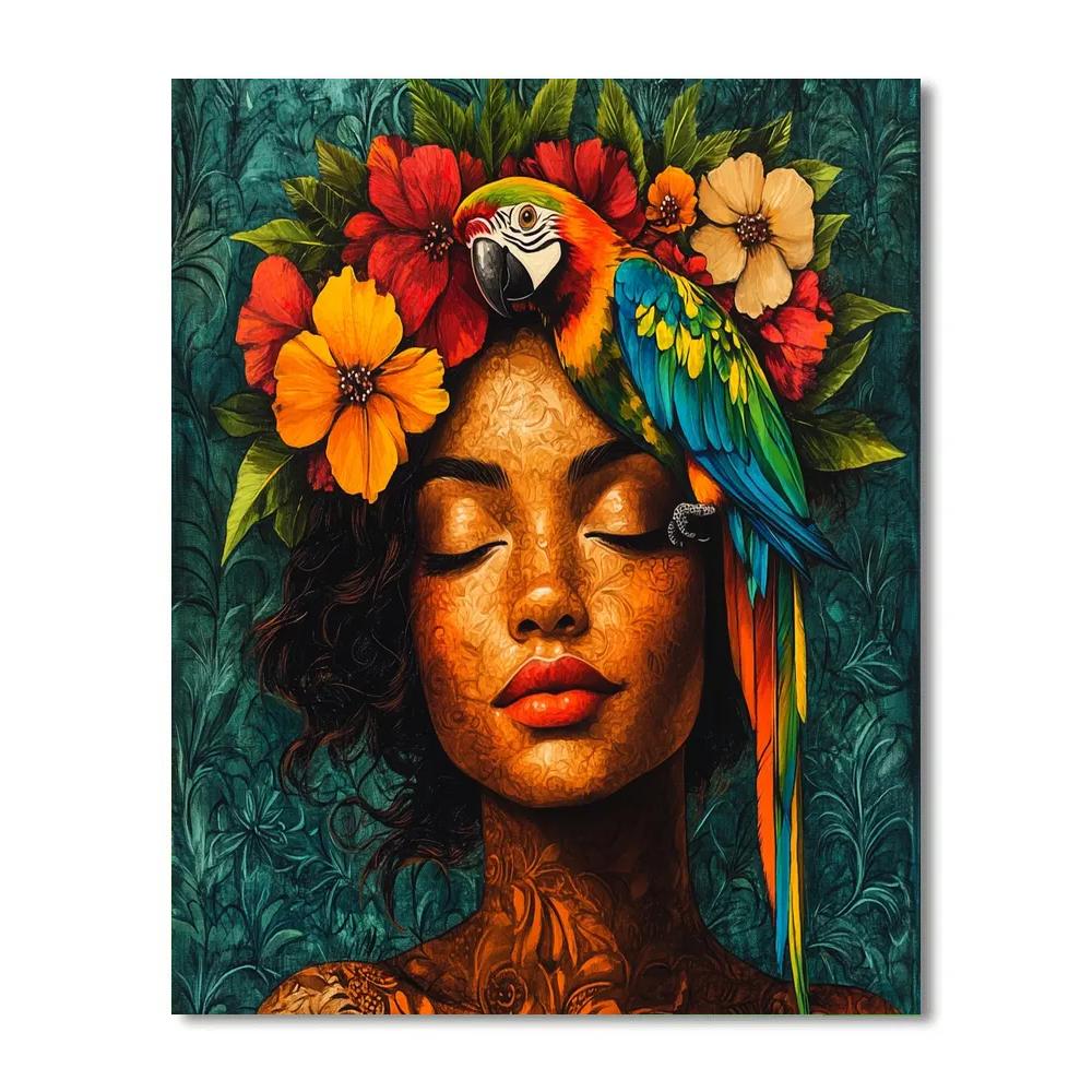 Frida Kahlo Inspired Portrait With Parrot paint by numbers