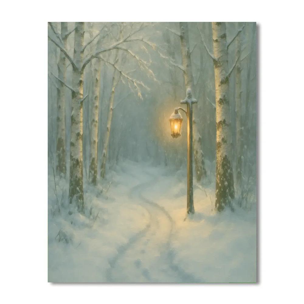 Lantern Glow On The Birchwood Path Number painting