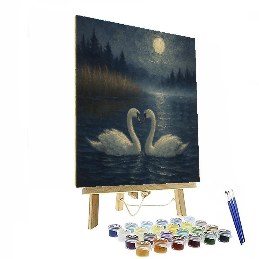 Moonlit Reeds And Velvet Swans paint by color