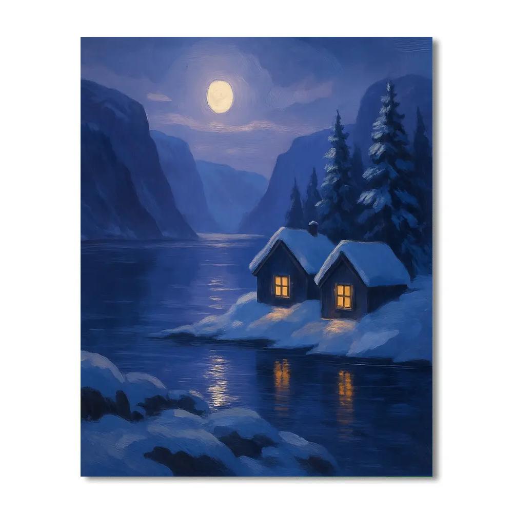 Moonlit Fjord With Sleeping Cabins paint by numbers