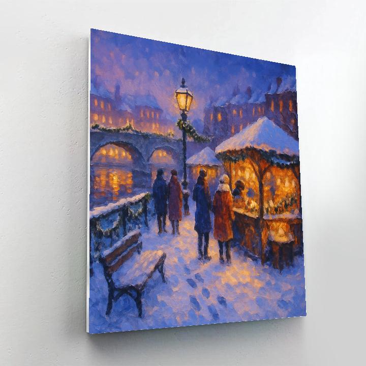 Snowy Riverside Market At Blue Hour Paint by numbers kits