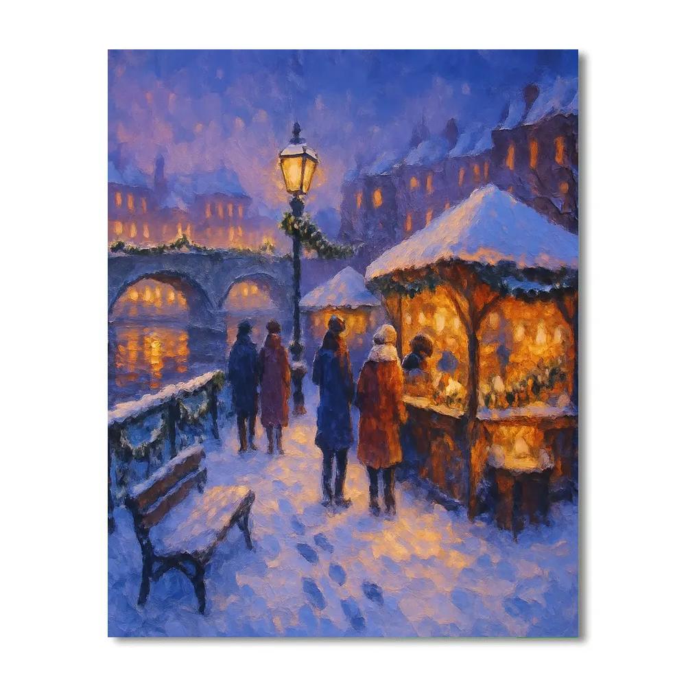 Snowy Riverside Market At Blue Hour Paint by numbers kits