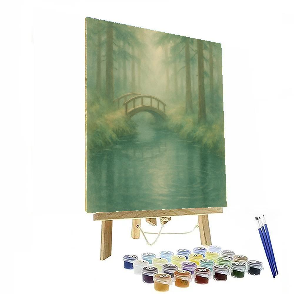 Misty Forest Pond With Hidden Footbridge paint by color