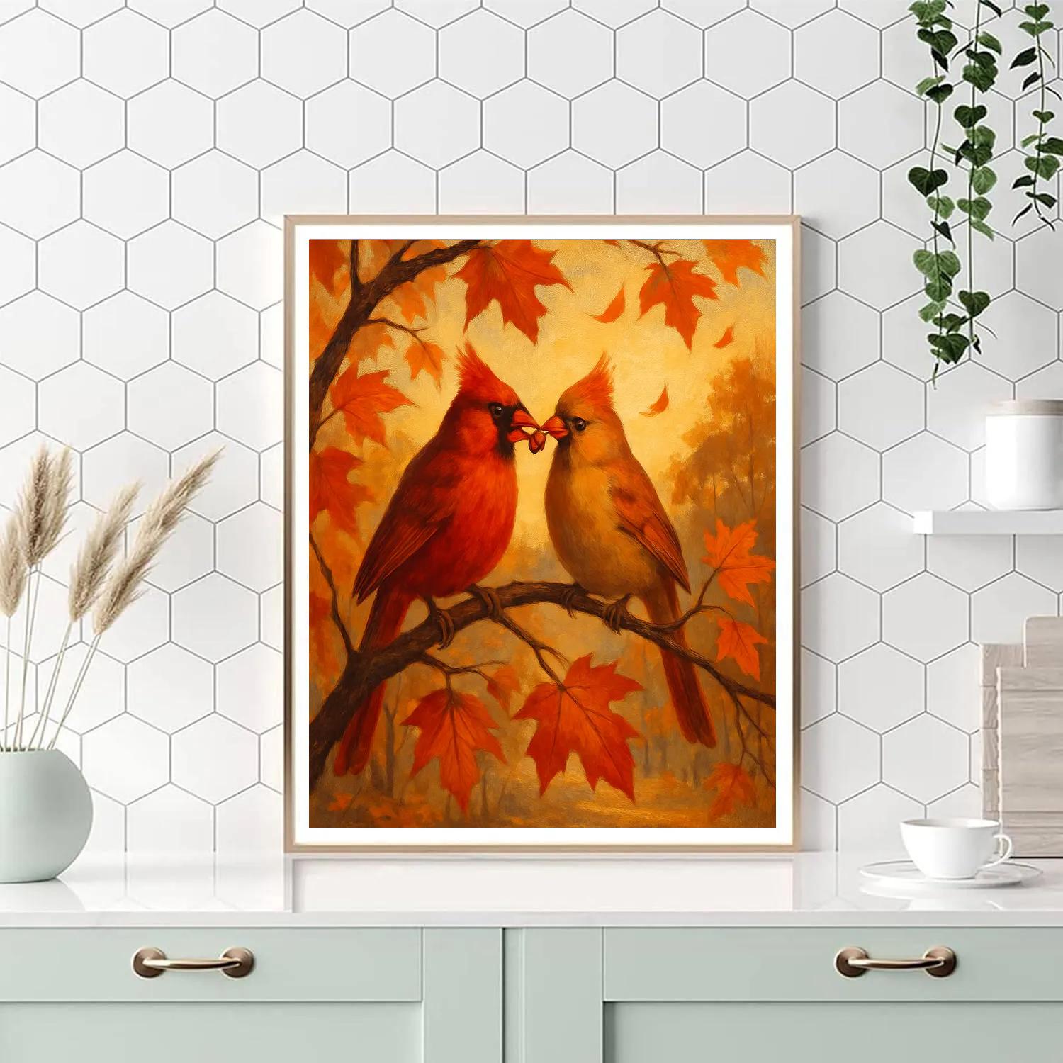 Autumn Cardinals In A Maple Window Glow Numbered painting kits