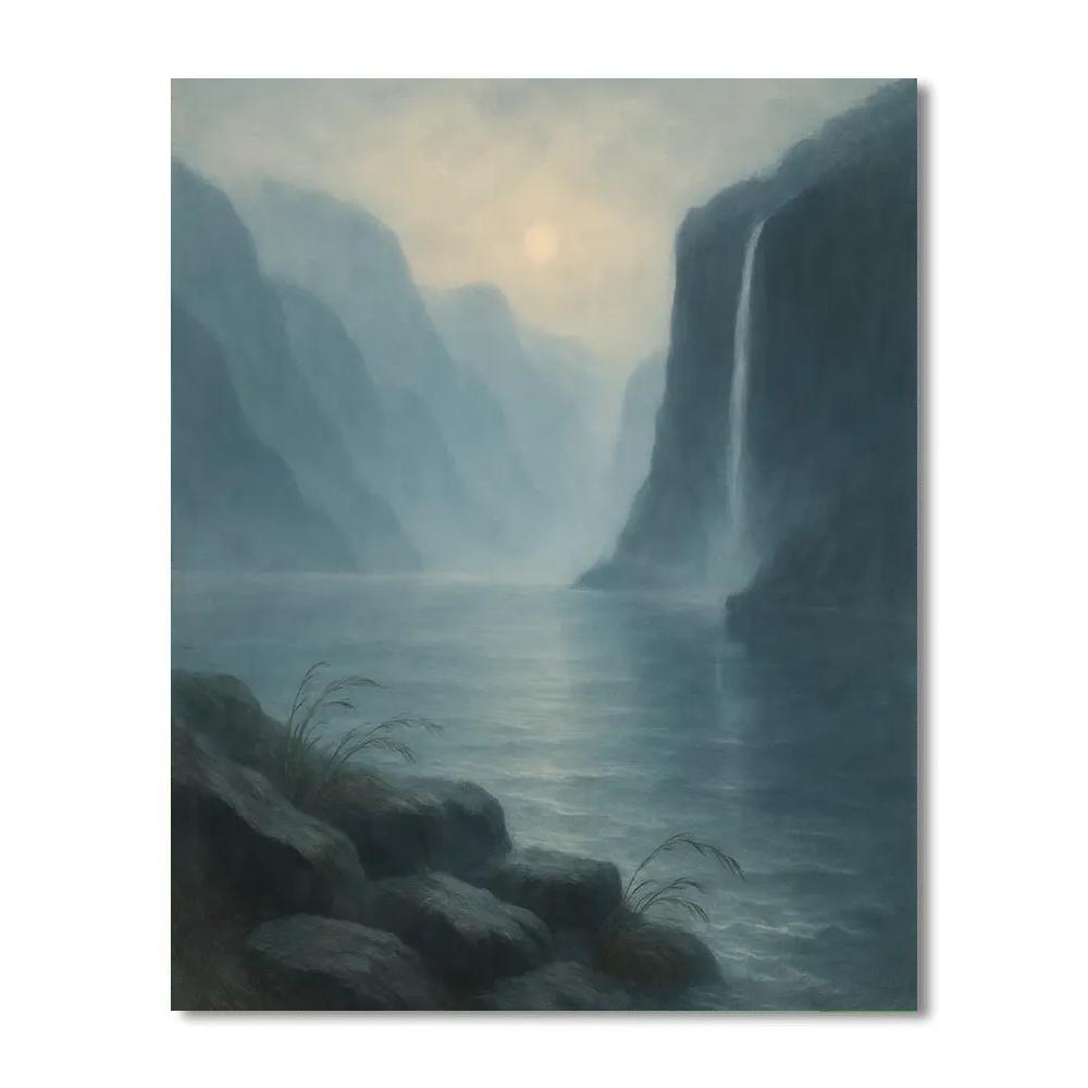Foggy Fjord Morning With Waterfall Veil Paint by numbers kits