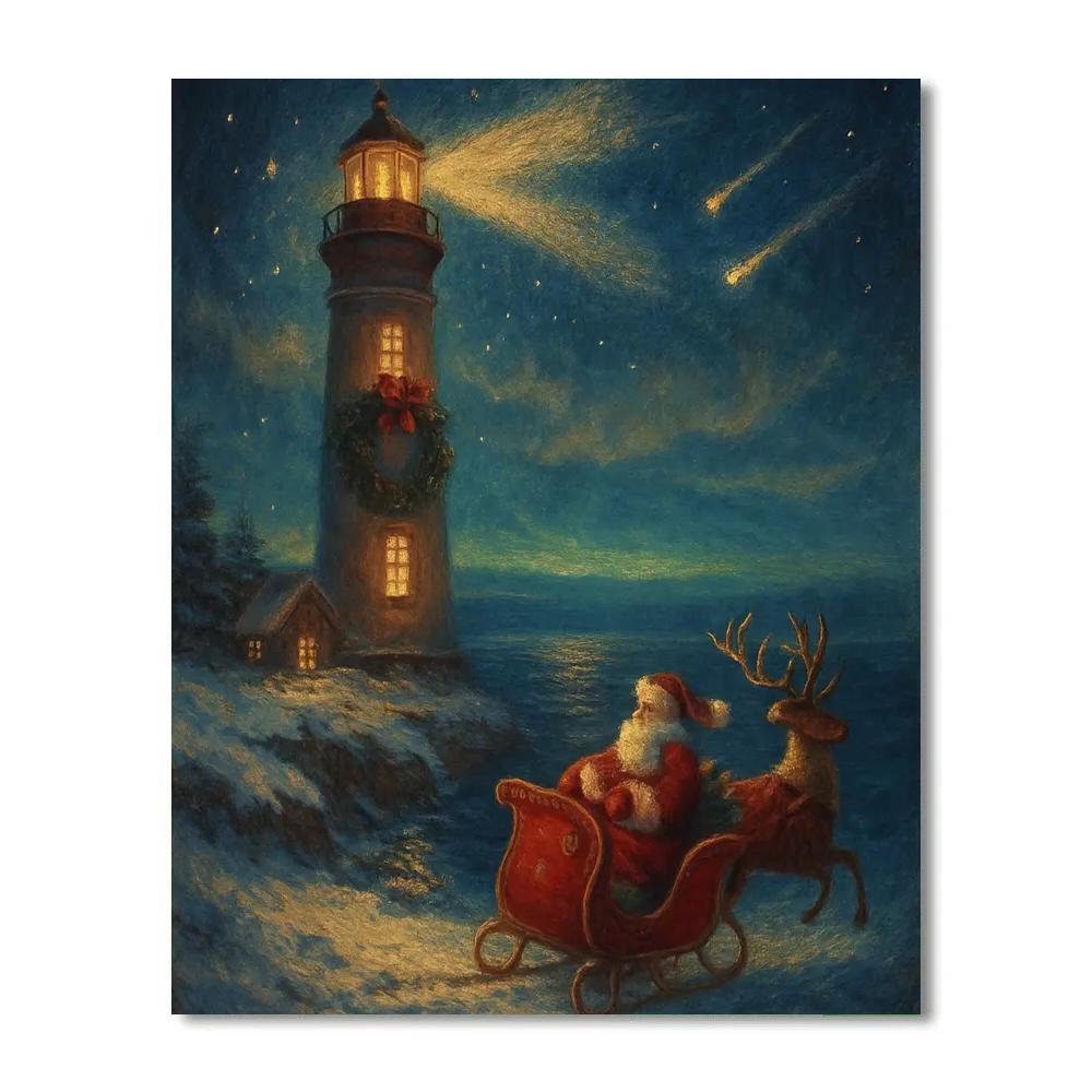 Midnight Sleigh Over Lighthouse Cove Paint by numbers kits